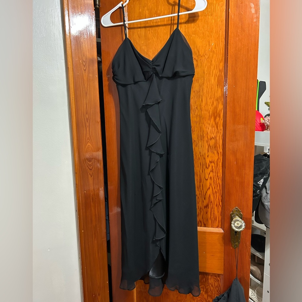 ABS Elegant Black Ruffle-Front Slip Dress